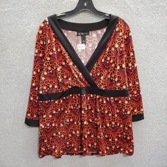 INC Women Top 1X Red Blouse Kimono Metallic Detail Faux Wrap 3/4 Sleeve Tunic - Picture 1 of 7